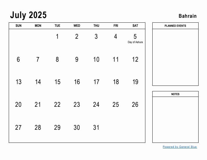 July 2025 Printable Monthly Calendar with Bahrain Holidays