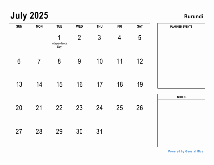 July 2025 Printable Monthly Calendar with Burundi Holidays