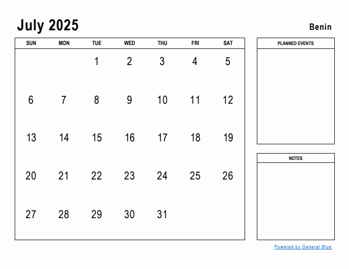 July 2025 Printable Monthly Calendar with Benin Holidays