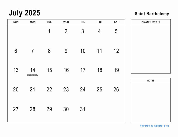 July 2025 Printable Monthly Calendar with Saint Barthelemy Holidays