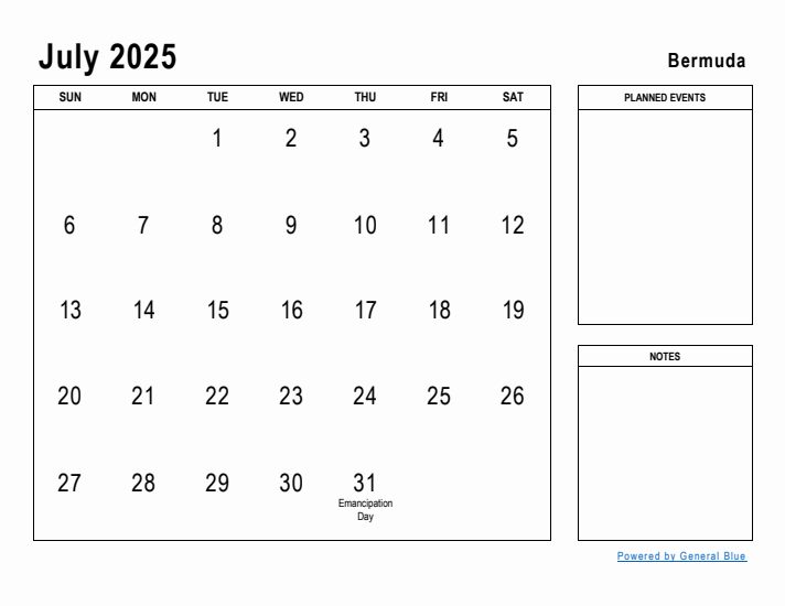 July 2025 Printable Monthly Calendar with Bermuda Holidays