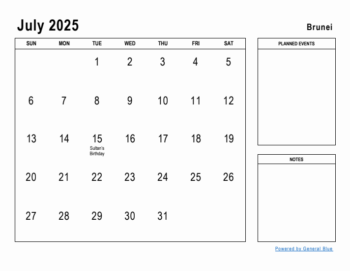 July 2025 Printable Monthly Calendar with Brunei Holidays