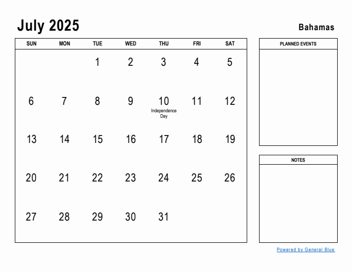 July 2025 Printable Monthly Calendar with Bahamas Holidays