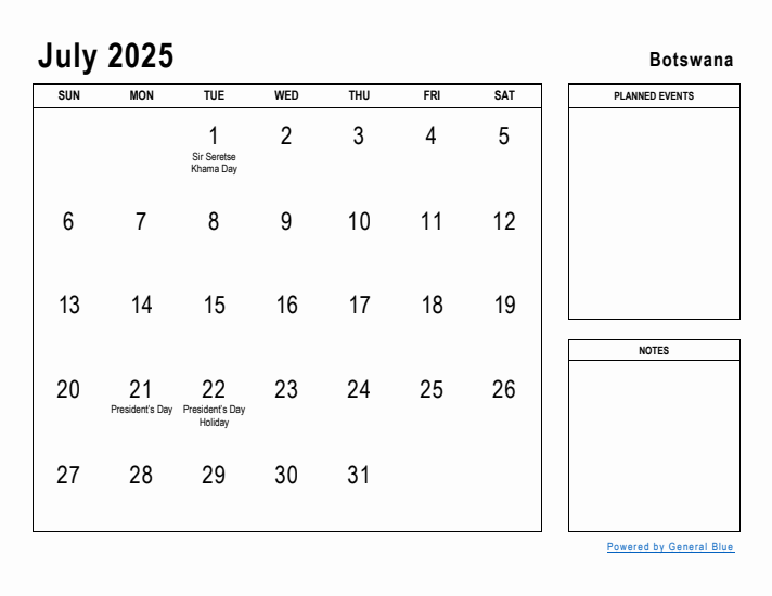 July 2025 Printable Monthly Calendar with Botswana Holidays