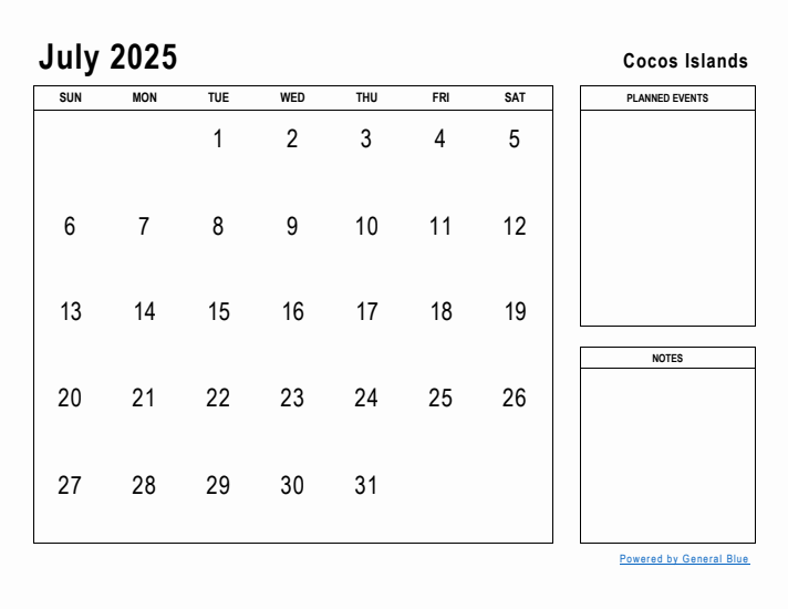 July 2025 Printable Monthly Calendar with Cocos Islands Holidays