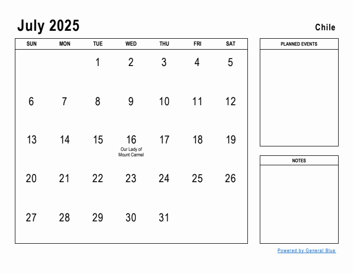 July 2025 Printable Monthly Calendar with Chile Holidays