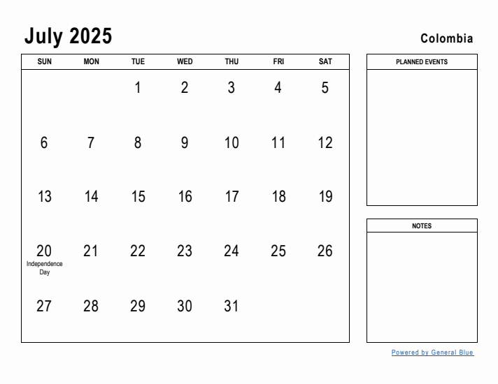 July 2025 Printable Monthly Calendar with Colombia Holidays