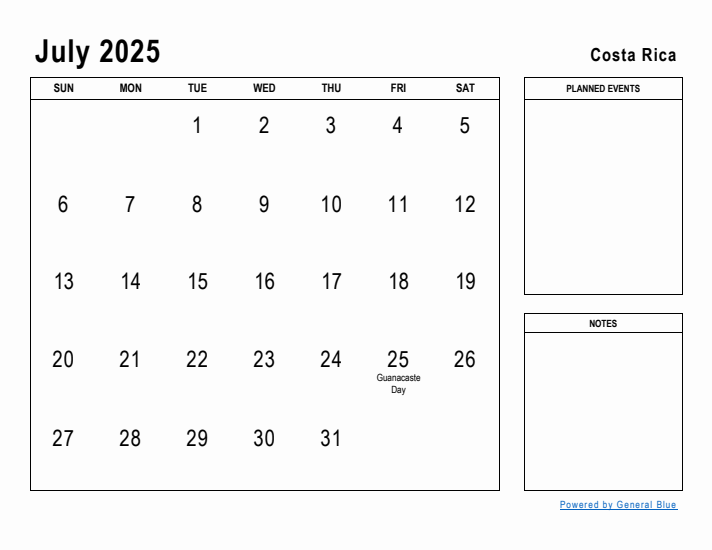 July 2025 Printable Monthly Calendar with Costa Rica Holidays