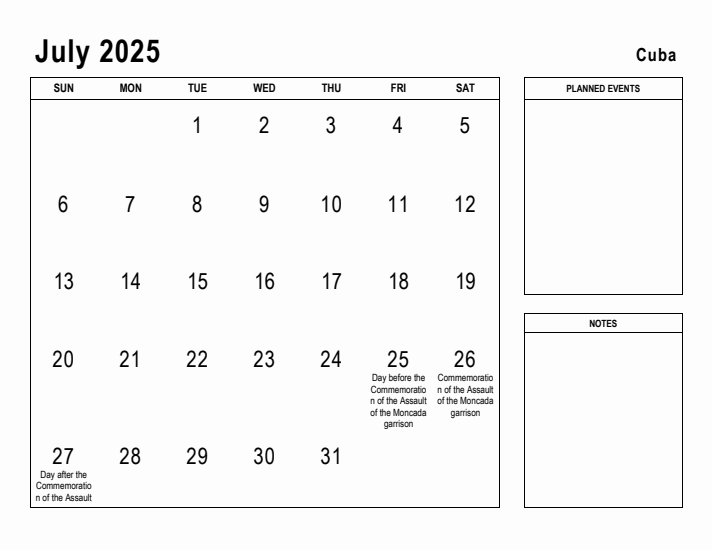 July 2025 Printable Monthly Calendar with Cuba Holidays