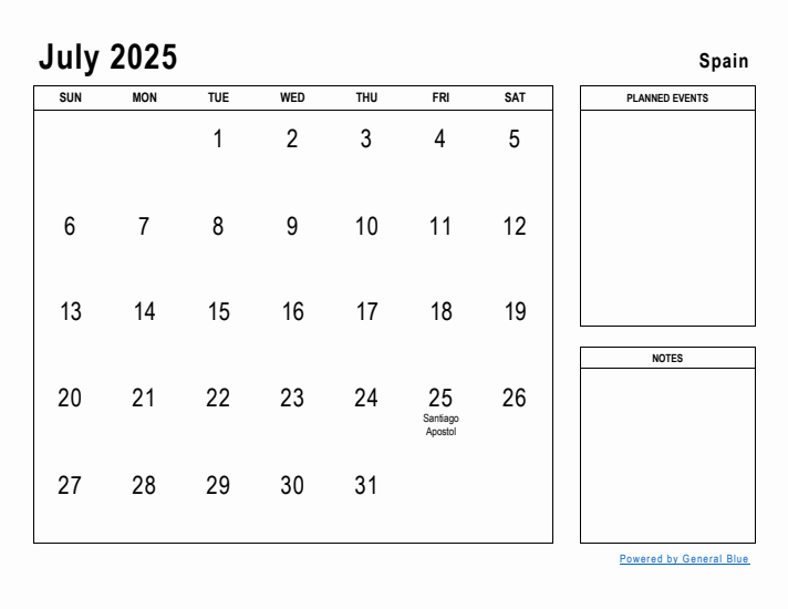 July 2025 Printable Monthly Calendar with Spain Holidays