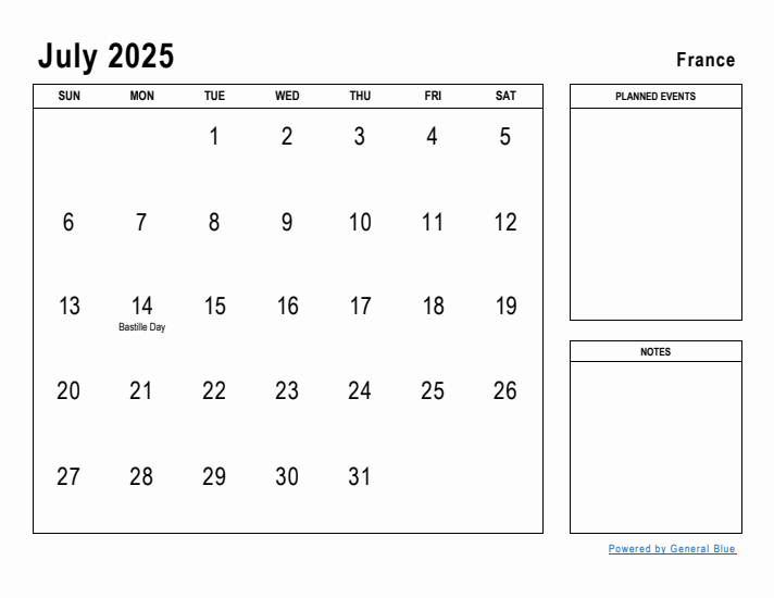 July 2025 Printable Monthly Calendar with France Holidays