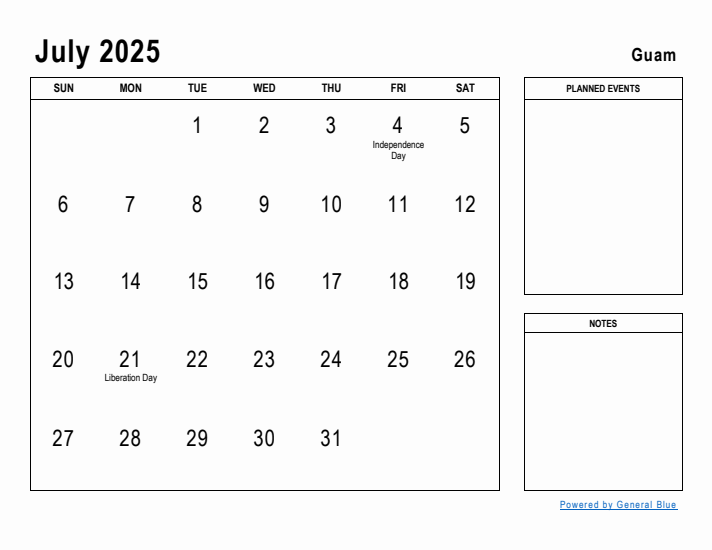 July 2025 Printable Monthly Calendar with Guam Holidays