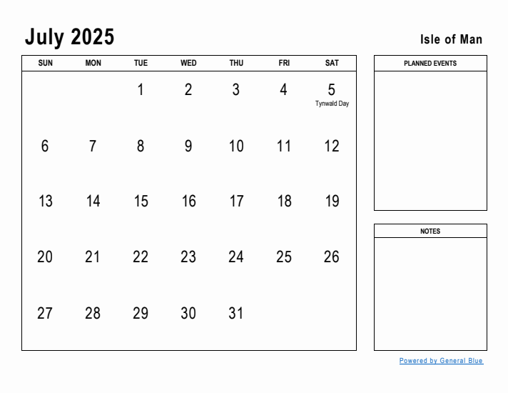 July 2025 Printable Monthly Calendar with Isle of Man Holidays