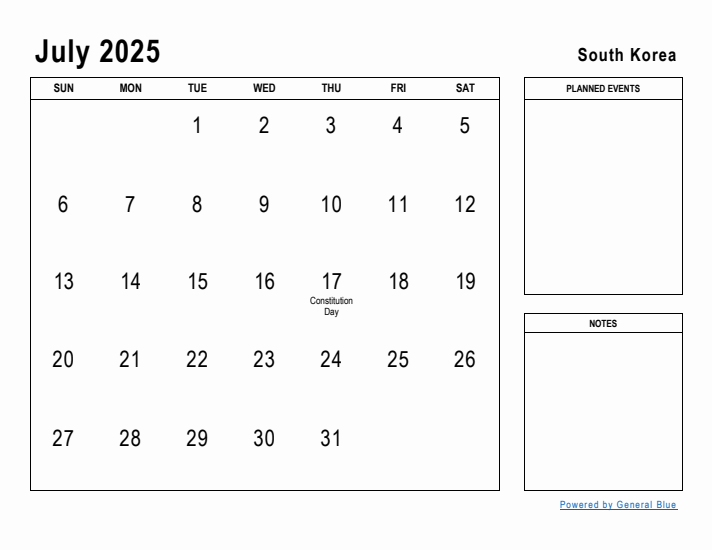 July 2025 Printable Monthly Calendar with South Korea Holidays