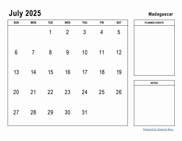 July 2025 Printable Monthly Calendar with Madagascar Holidays