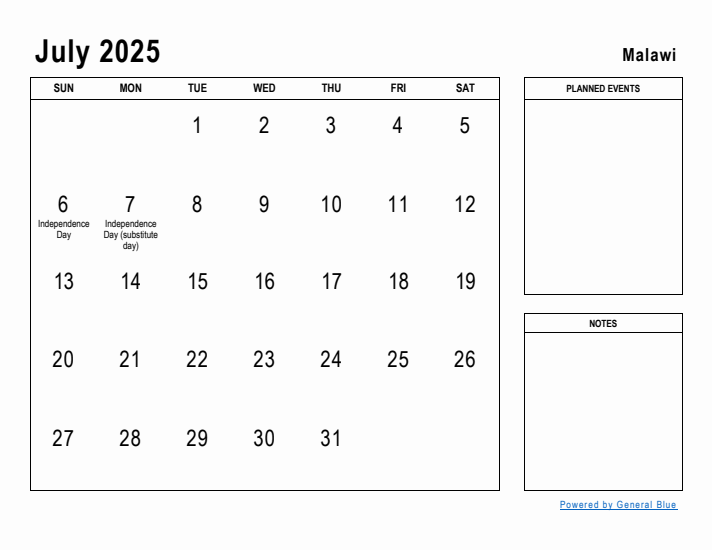 July 2025 Printable Monthly Calendar with Malawi Holidays