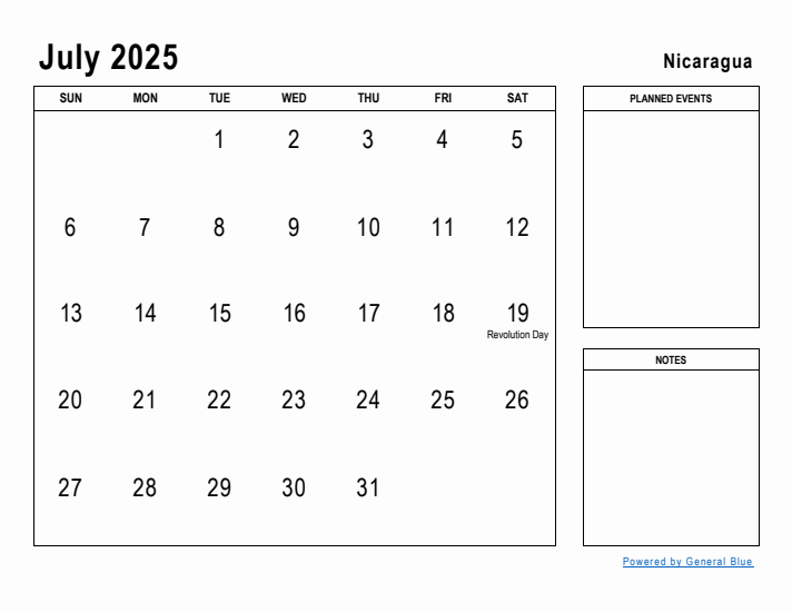 July 2025 Printable Monthly Calendar with Nicaragua Holidays