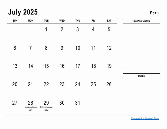 July 2025 Printable Monthly Calendar with Peru Holidays