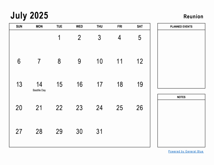 July 2025 Printable Monthly Calendar with Reunion Holidays