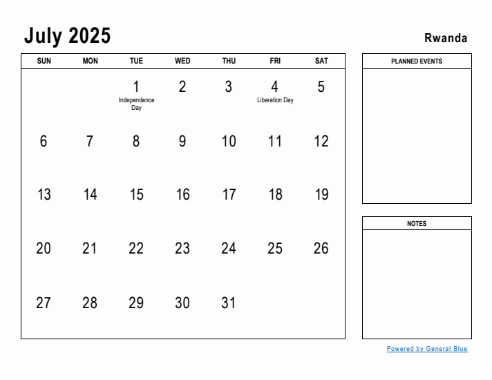 July 2025 Printable Monthly Calendar with Rwanda Holidays