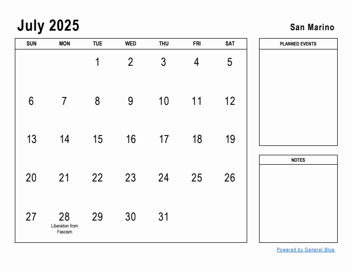 July 2025 Printable Monthly Calendar with San Marino Holidays