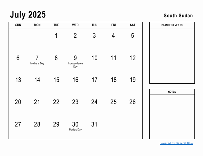 July 2025 Printable Monthly Calendar with South Sudan Holidays