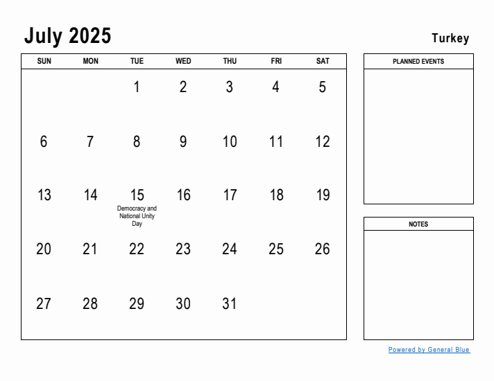 July 2025 Printable Monthly Calendar with Turkey Holidays