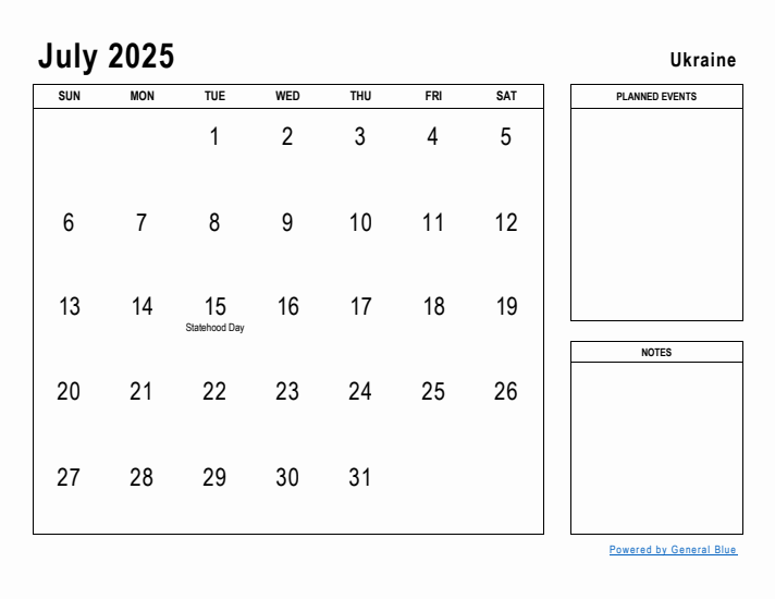 July 2025 Printable Monthly Calendar with Ukraine Holidays