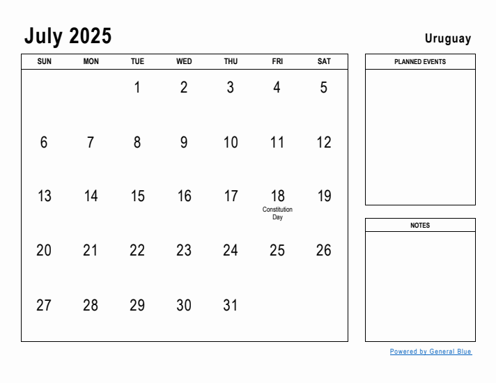 July 2025 Printable Monthly Calendar with Uruguay Holidays