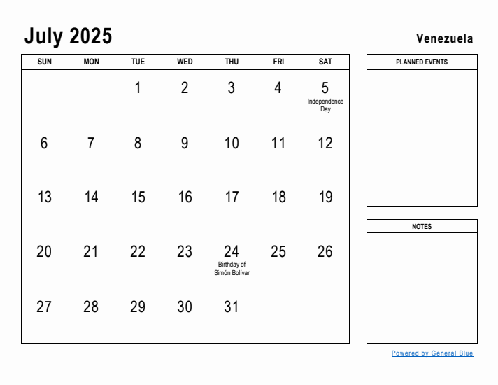 July 2025 Printable Monthly Calendar with Venezuela Holidays