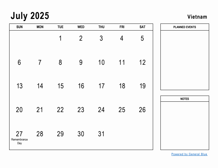 July 2025 Printable Monthly Calendar with Vietnam Holidays