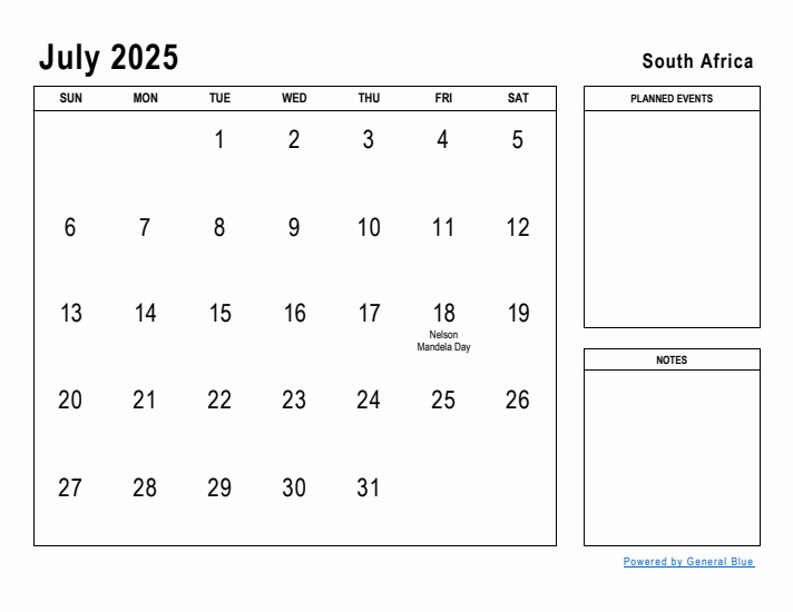 July 2025 Printable Monthly Calendar with South Africa Holidays