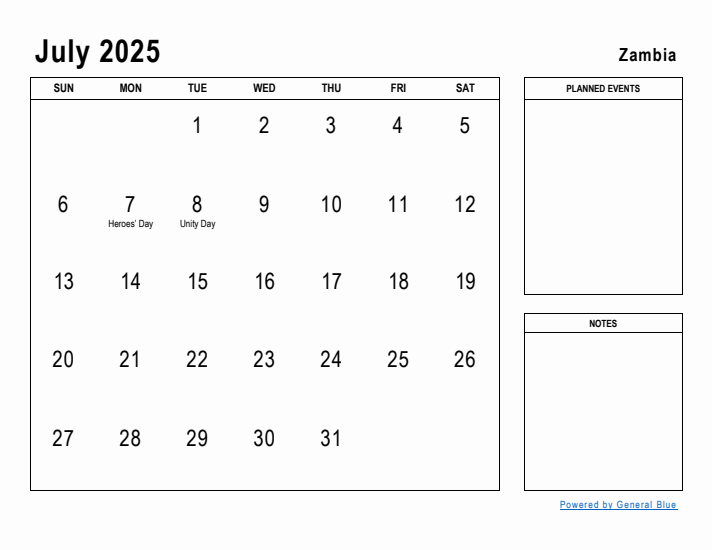 July 2025 Printable Monthly Calendar with Zambia Holidays