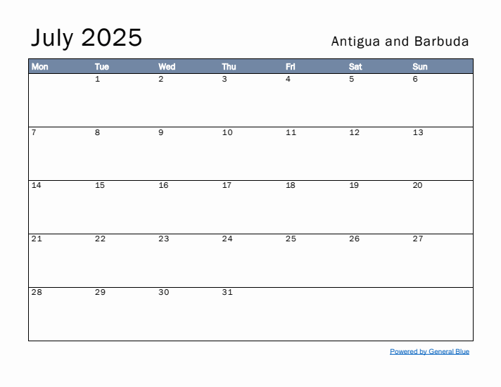 July 2025 Simple Monthly Calendar for Antigua and Barbuda