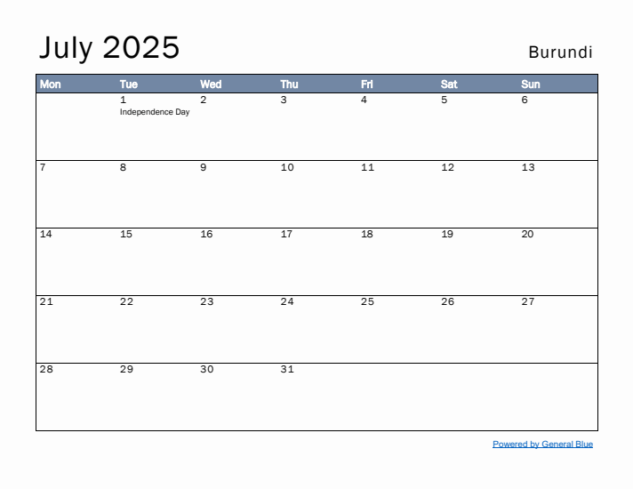 July 2025 Simple Monthly Calendar for Burundi