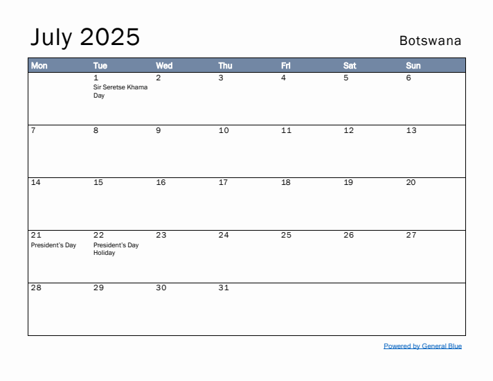 July 2025 Simple Monthly Calendar for Botswana