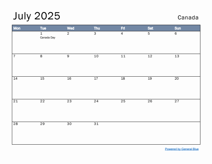 July 2025 Simple Monthly Calendar for Canada