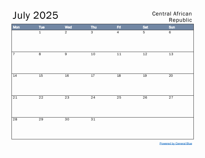 July 2025 Simple Monthly Calendar for Central African Republic