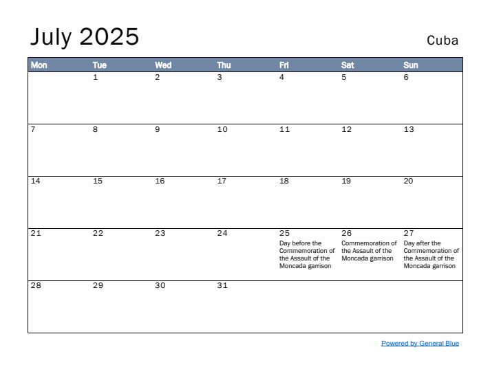 July 2025 Simple Monthly Calendar for Cuba