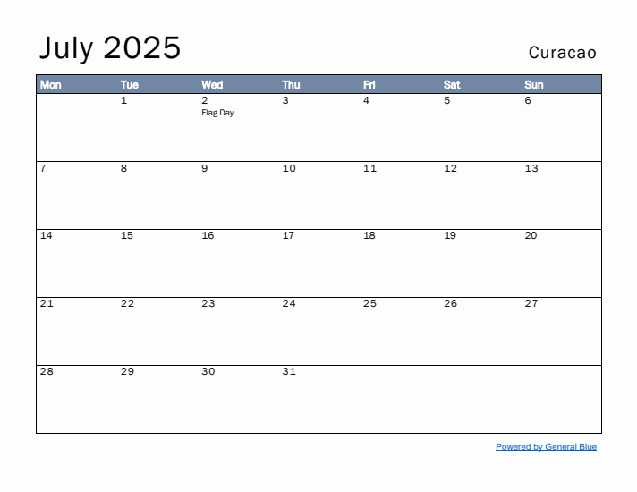 July 2025 Simple Monthly Calendar for Curacao