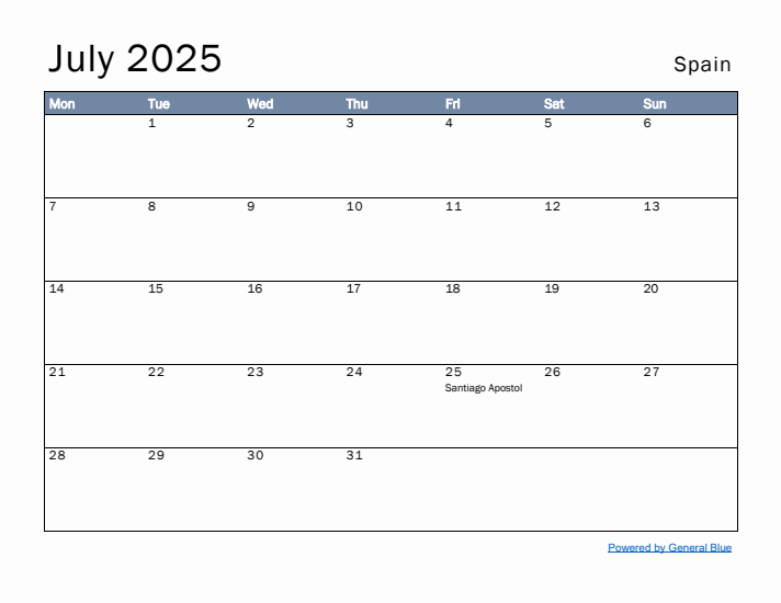 July 2025 Simple Monthly Calendar for Spain