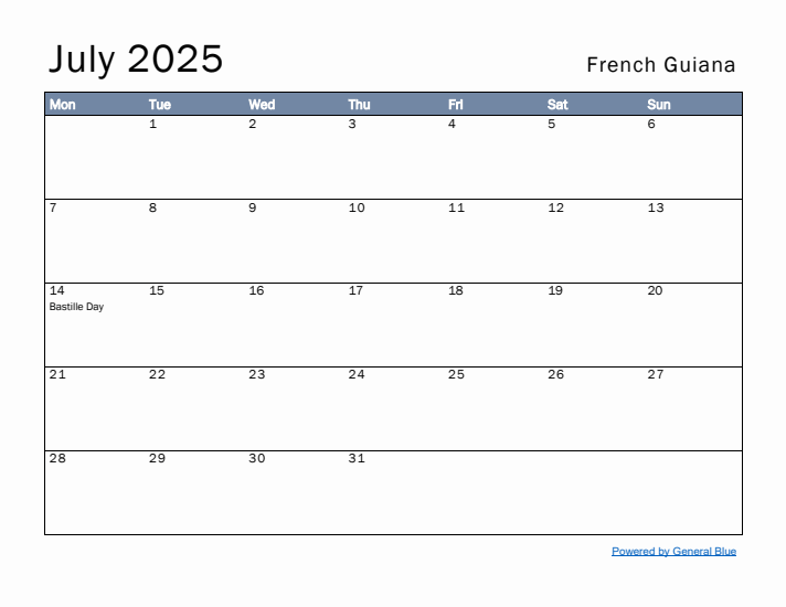 July 2025 Simple Monthly Calendar for French Guiana