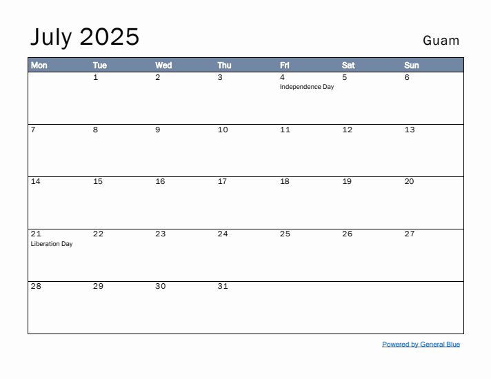 July 2025 Simple Monthly Calendar for Guam