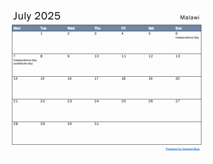 July 2025 Simple Monthly Calendar for Malawi