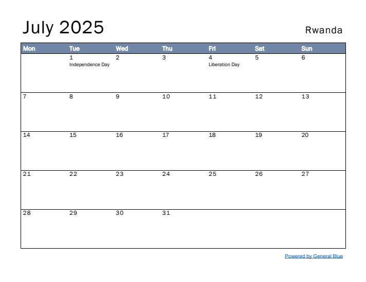 July 2025 Simple Monthly Calendar for Rwanda