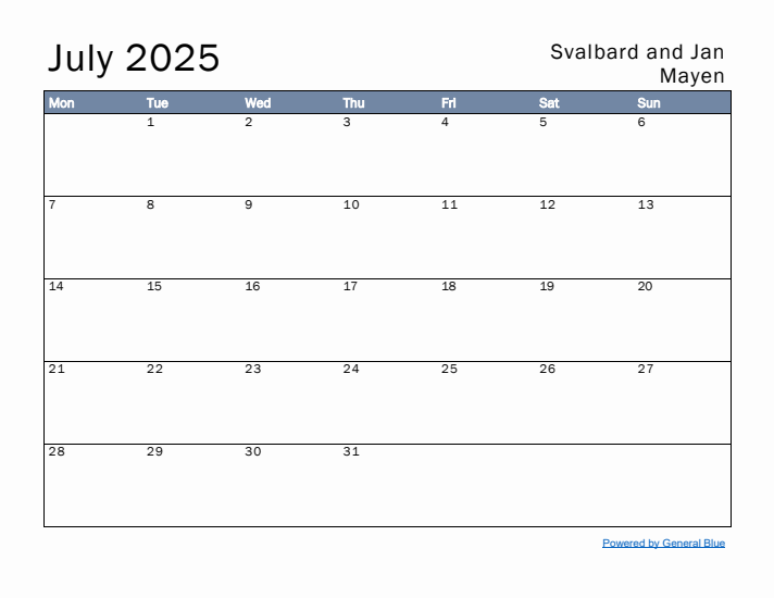 July 2025 Simple Monthly Calendar for Svalbard and Jan Mayen