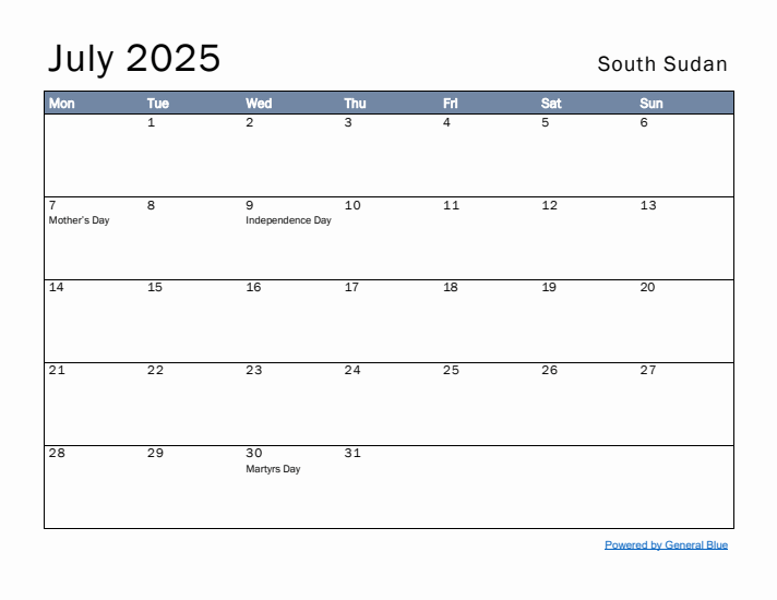 July 2025 Simple Monthly Calendar for South Sudan