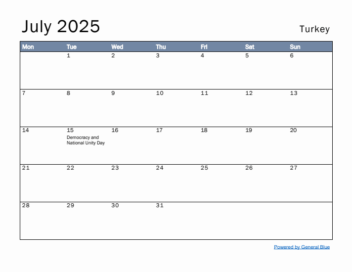 July 2025 Simple Monthly Calendar for Turkey