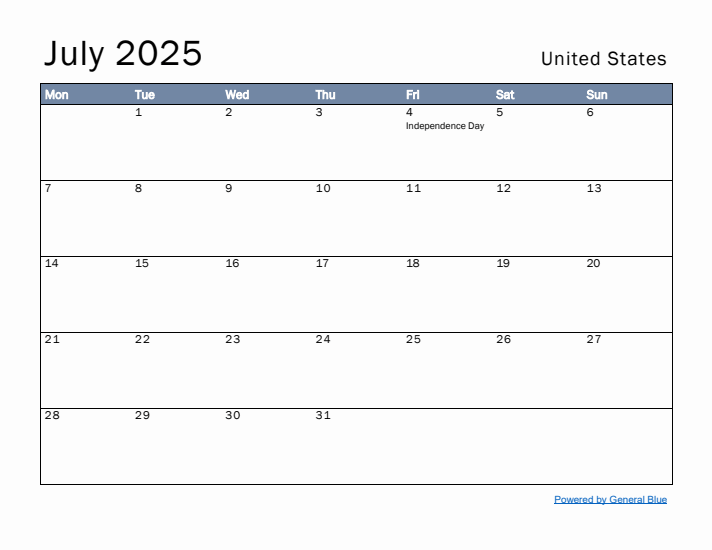 July 2025 Simple Monthly Calendar for United States