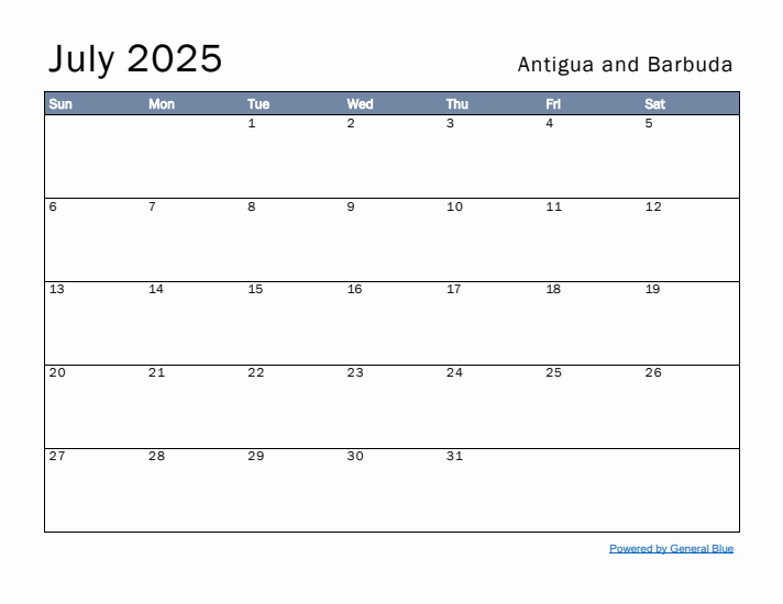 July 2025 Simple Monthly Calendar for Antigua and Barbuda